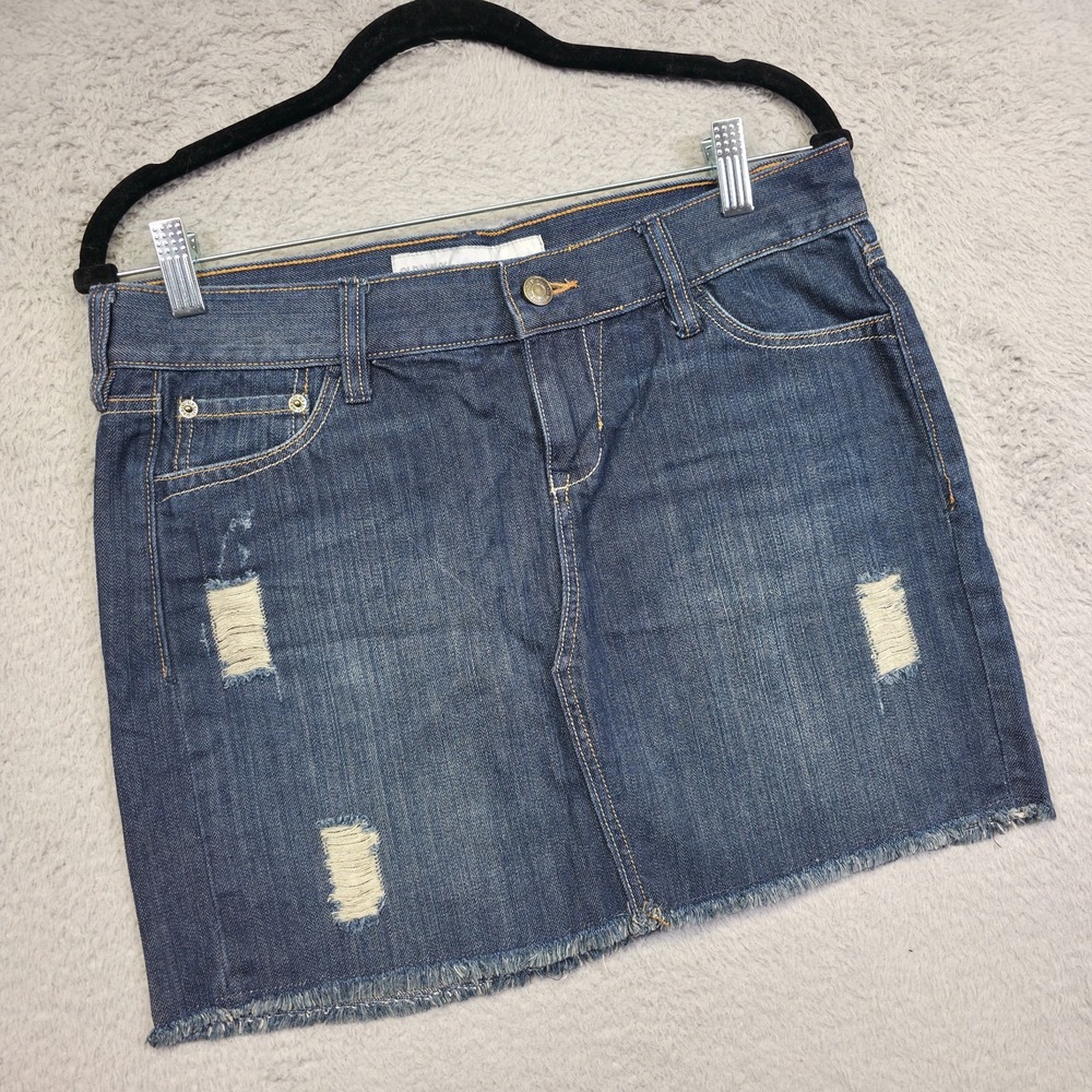 Y2K Old Navy Mini Skirt Women 4 Blue Low Rise Denim Distressed Dark Wash Raw Hem
